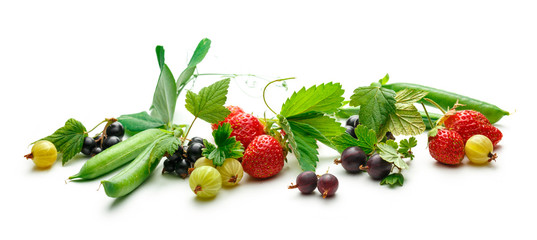Fresh black currant, gooseberry, strawberry and peas