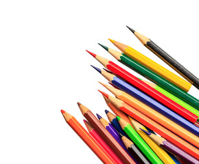 Drawing supplies: assorted color pencils on white background