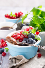 Delicious chocolate dessert with berries and mint served in ramekin.