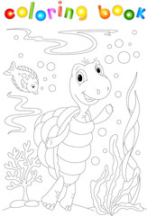 Funny cartoon turtle and fish in the sea