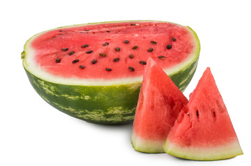 Half of watermelon with seeds in the section. Two triangular pieces of watermelon. Isolated on white background.