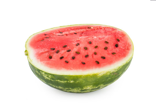 Half of watermelon with seeds in the section. Isolated on white background.