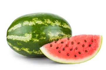 Round watermelon, slice and seed .On white isolated fone.