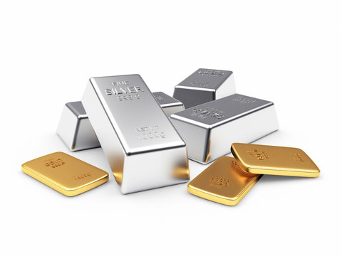Banking concept. Heap of silver and golden bars isolated on a white background. 3D illustration.