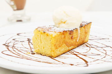 French toast with vanilla ice cream and hot mocha