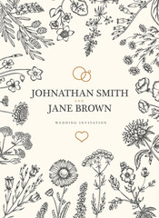 Wedding invitation in boho style. Wild flowers and herbs frame border. Vector vintage illustration.