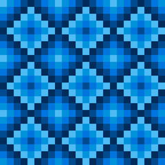 Winter ethno seamless pixel pattern composed of blue squares with different shades of blue in a diamond snowflake, vector illustration for print or website design