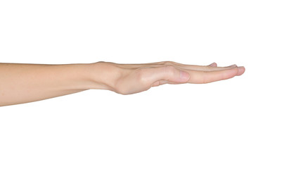 Fototapeta premium Closeup of female hand pressing. Isolated on white background.