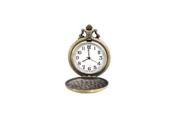 Isolated luxury vintage golden pocket watch on white background, , abstract for time concept