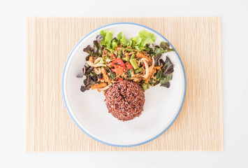 berry rice with stir-fried tofu protein and basil