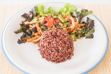 berry rice with stir-fried tofu protein and basil