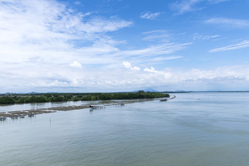 Landscape of river/lake and forest with blue sky background in Thailand
