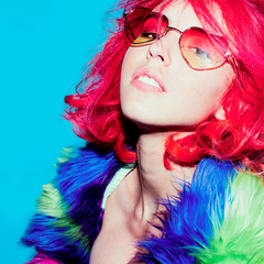 Stylish Red Hair, Glamorous Lady in bright coat, Sunglasses hear