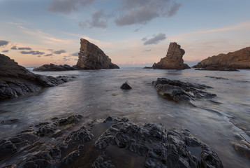 Magnificent sunset over the rock phenomenon The Ships, Sinemorets village, Bulgaria