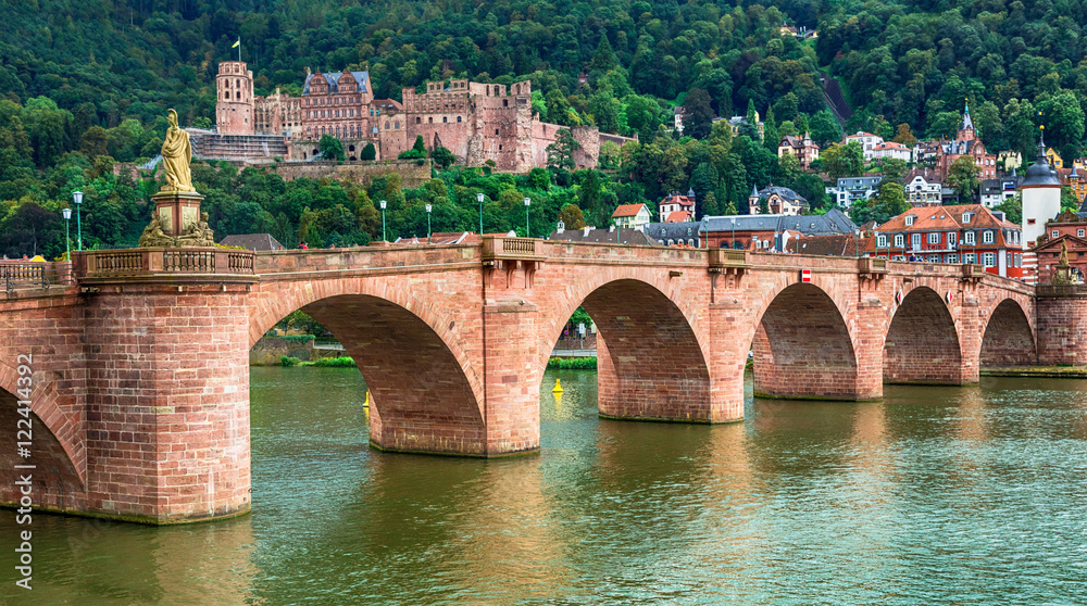 Poster medieval heidelberg - view of famous karl theodor bridge and castle