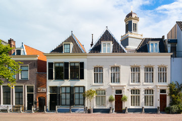 Row of historic gables of houses on Stille Rijn in old town of Leiden, South Holland, Netherlands