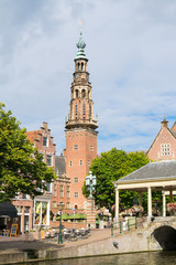 Tower of town hall in old town of Leiden, South Holland, Netherlands