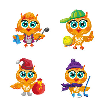 Vector set of cute owls. Cartoon characters  different professions.