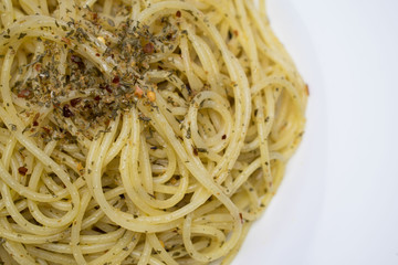 Close up of pasta red hot chili pepper and garlic