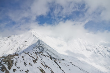 Fototapeta na wymiar Snow cloud covers the mountain peaks and trees