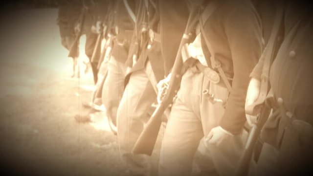 Civil War soldiers as they begin speeding up march (Archive Footage Version)