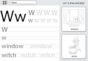 Cartoon witch and window. Alphabet tracing worksheet: writing A-