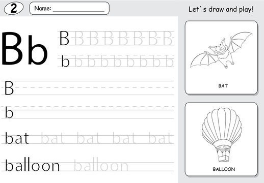 Cartoon Bat And Balloon. Alphabet Tracing Worksheet: Writing A-Z