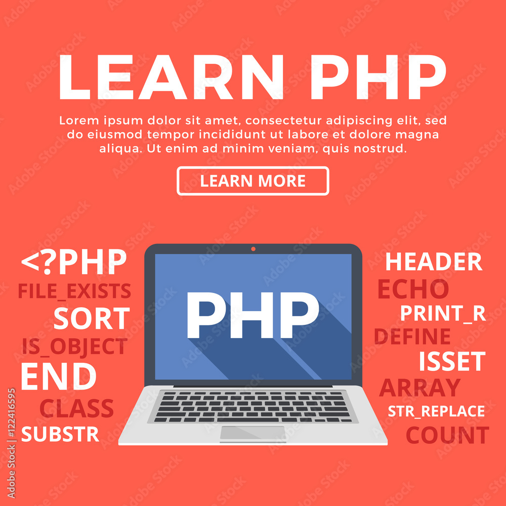 Poster Laptop with PHP word on screen. Learn PHP and back-end web development, coding, programming. Modern graphic for web banners, web sites, printed materials, infographics. Flat design vector illustration