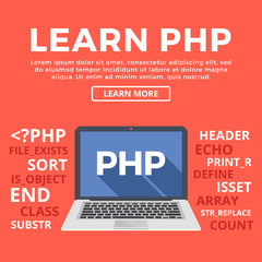 Laptop with PHP word on screen. Learn PHP and back-end web development, coding, programming. Modern graphic for web banners, web sites, printed materials, infographics. Flat design vector illustration