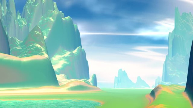 Rocks and  lake. Landscape of stranger planet. 3D Animation. 4K