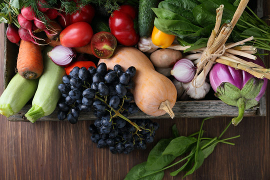 Organic fruits and veggies top view