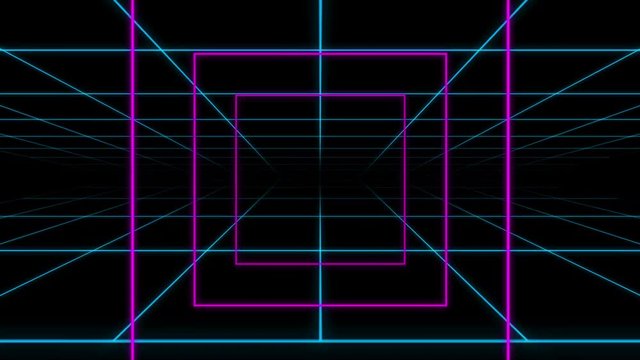 A looping thin line grid animation with forced perspective background.