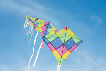 Colorful long line kites flying in blue sky