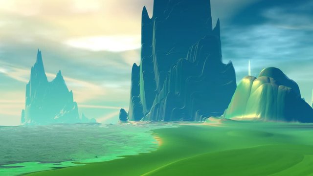 Rocks and  lake. Landscape of stranger planet. 3D Animation. 4K