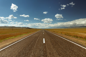 Straight road goes to horizon and mountains