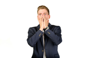 Young businessman in despair clutched his head. Crisis concept.