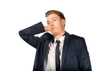 Young businessman in despair clutched his head. Crisis concept.