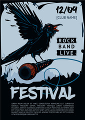 Music poster template for rock concert. Raven is holding microphone.