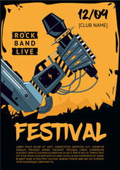 Music poster template for rock concert. Robot is holding microphone.