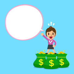 Businesswoman and money bags with white speech bubble