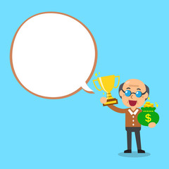 Senior man holding trophy and money bag with white speech bubble