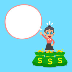 Senior woman and money bags with white speech bubble