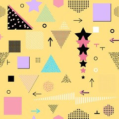 Trendy geometric elements memphis cards, seamless pattern. Retro style texture. Modern abstract design poster, cover, card design