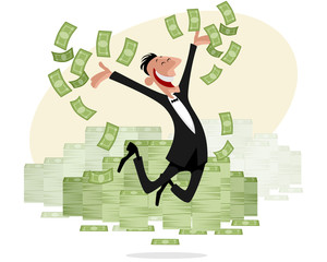 Businessman with money jumping