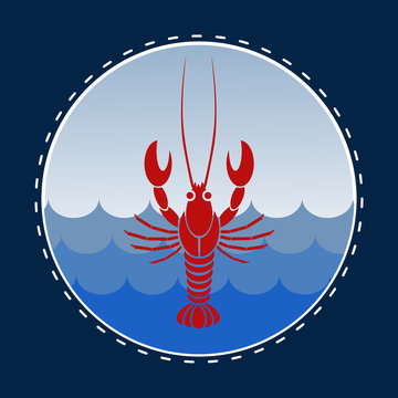 Vector isolated crayfish or lobster in circle navy blue frame.