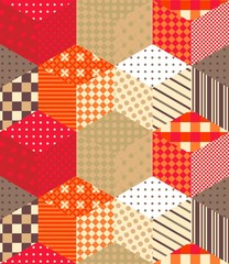 Cute seamless patchwork pattern with colorful cubes. Quilt. Endless vector background in warm tones.