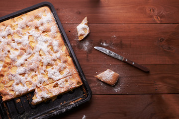 charlotte apple cake in the pan and slices of cake