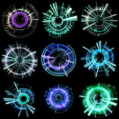 Collection of Futuristic technology wheel on a black background