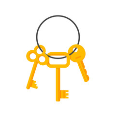 Keys hanging on key ring illustration isolated on white background, bunch of golden door and lock keys chain flat cartoon style image