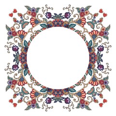 Round frame with flowers, hearts and birds on white background. Can be used for cards, bandana prints, kerchief design, pillowcase, tablecloths and napkins. Vector illustration.